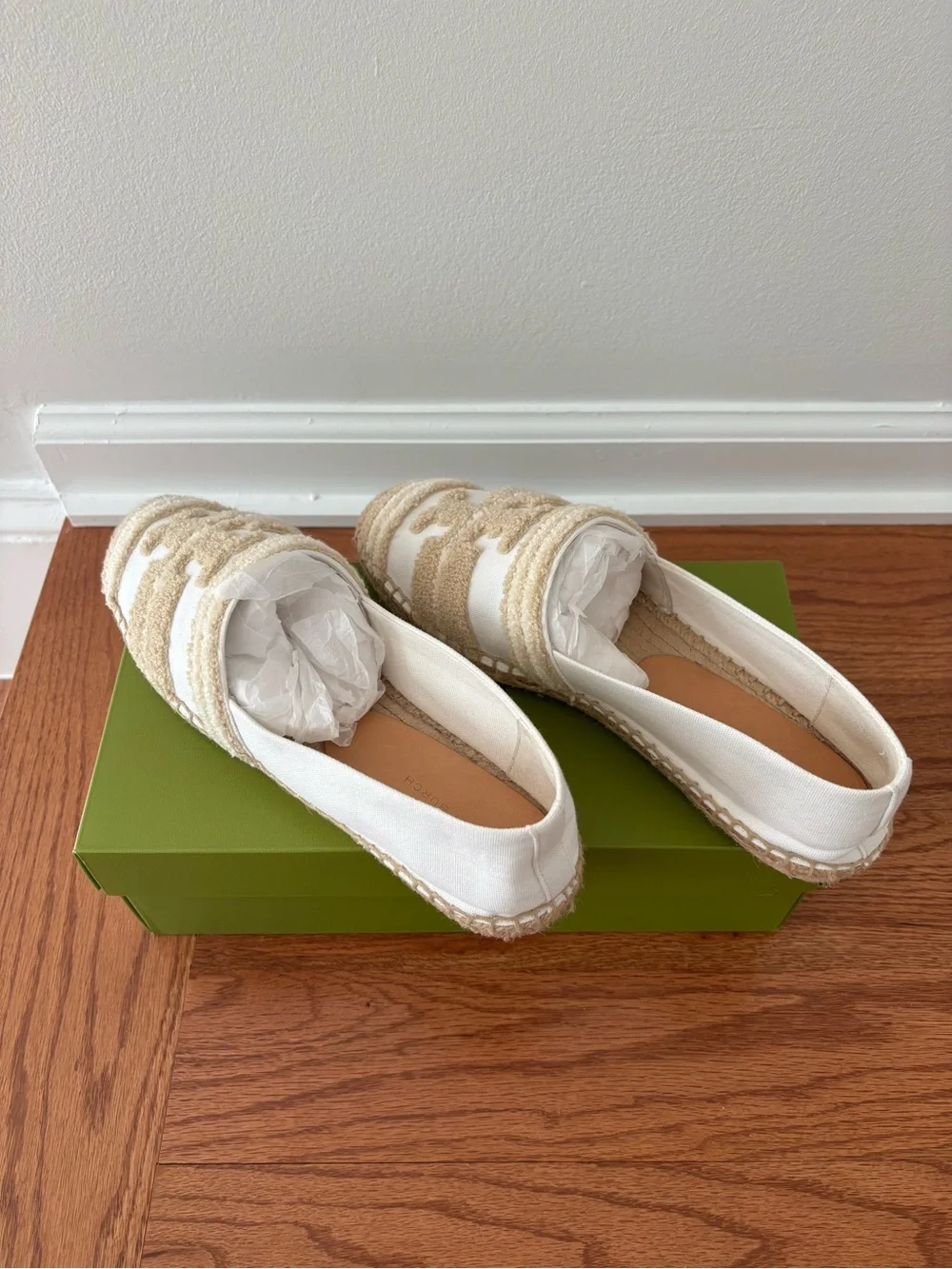 Tory Burch White & Beige Canvas Espadrilles